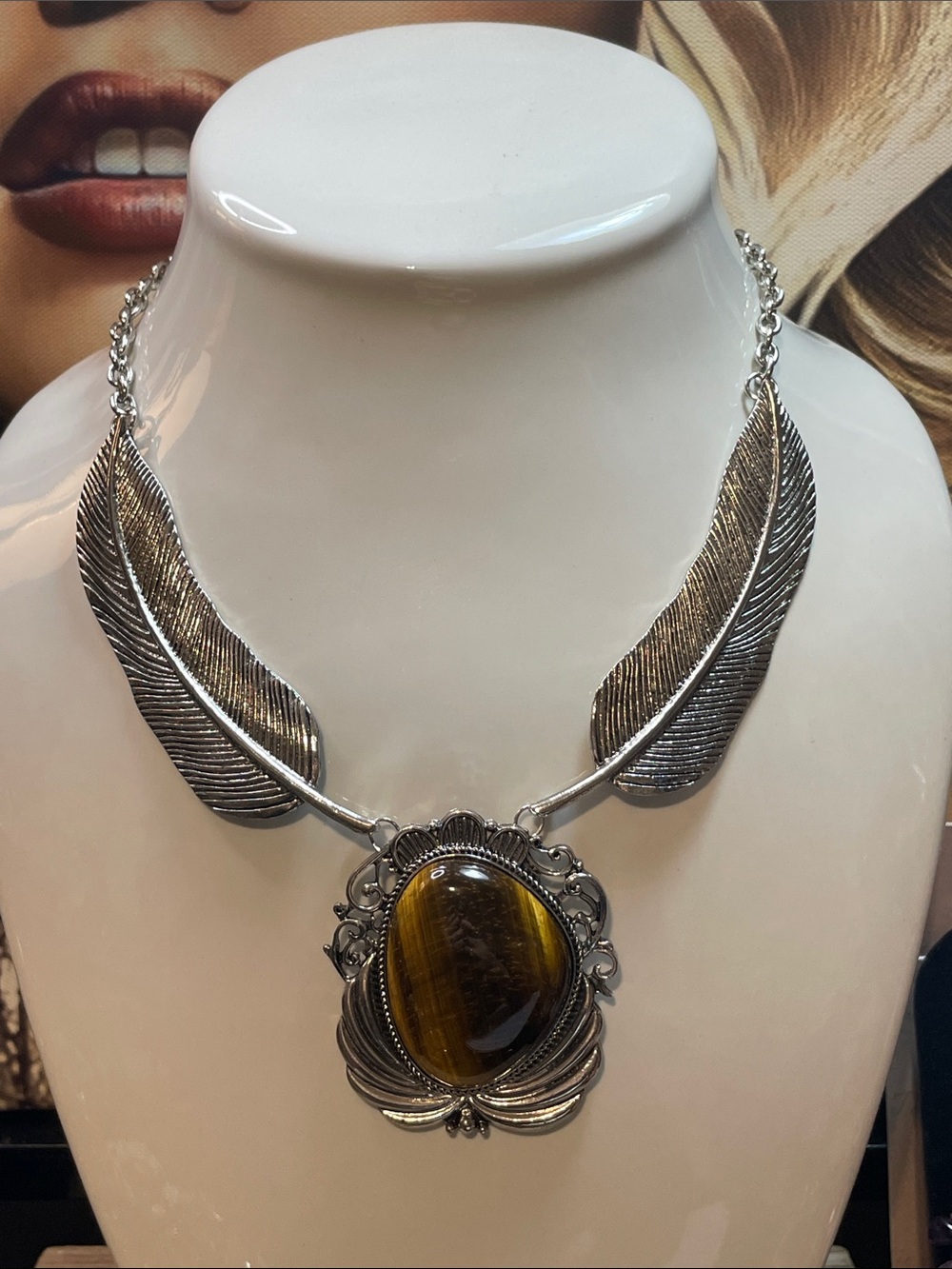 Silver Feather Necklace with Tiger Eye Pendant 18”